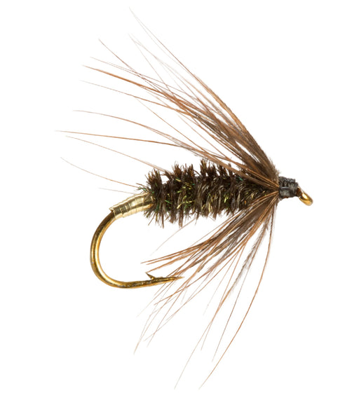 Fishing fly with brown and gold details on a light gray background