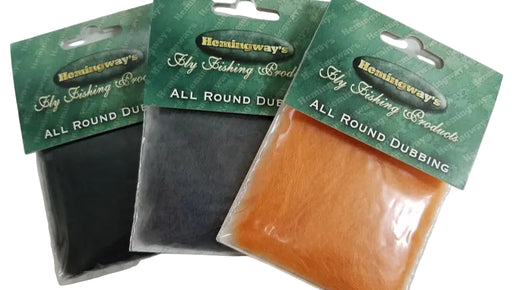 Three packages of Hemingway Fly Fishing Goods All Round Dubbing in black, gray, and orange on a white background.